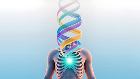 A human figure with a glowing core showcases AI's connection to biology and health.の素材