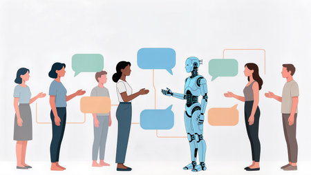 A group of individuals interact with a friendly AI robot amid colorful speech bubbles.の素材