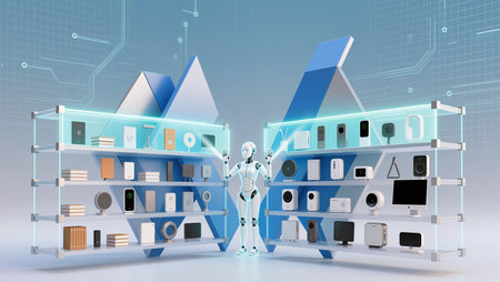 A humanoid robot showcases various smart devices on elegant shelves in a tech hub.の素材