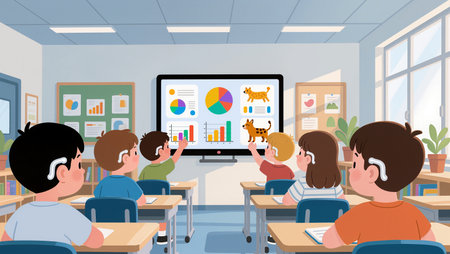 Young learners actively participate, raising hands to contribute to lessons using visuals.の素材