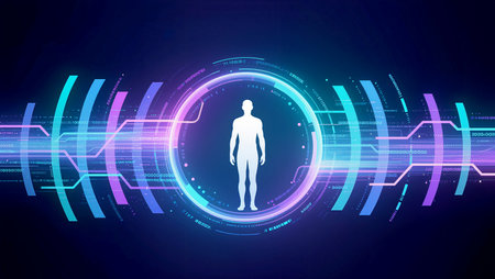 A figure stands amid vibrant digital patterns and binary code.の素材