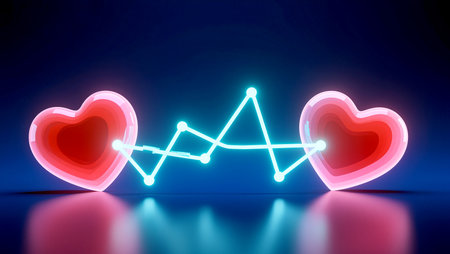 Two vibrant hearts illuminated by a neon light are joined by a striking heartbeat line.の素材