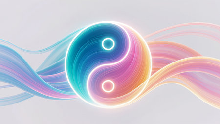 Colorful waves of light embrace the yin-yang symbol, showcasing balance and peace.の素材