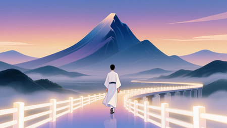 A figure in white walks a winding path toward a majestic mountain at dawn.の素材