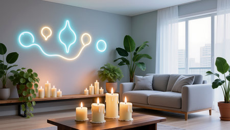 Soft glow from candles creates a warm atmosphere in a stylish living room.の素材