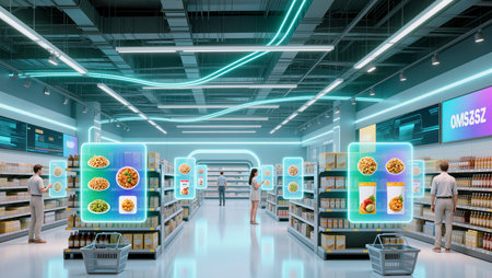 Shoppers explore a modern grocery store featuring advanced AI displays and shelves.の素材