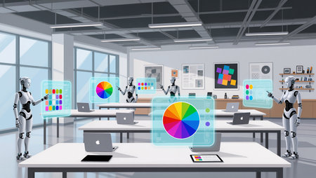 A group of robots engages in design activities in a bright, innovative workspace.の素材