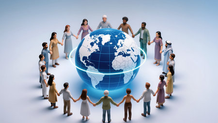 Diverse individuals unite around a glowing globe, symbolizing unity.の素材