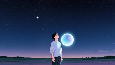 A young person gazes at a large glowing bubble reflecting stars at night.の素材