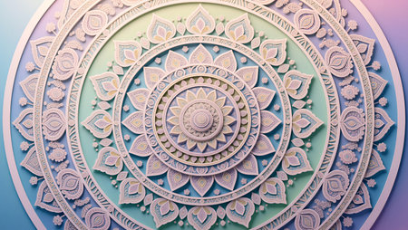Delicate mandala artwork features layered patterns and gentle hues, radiating calmness.の素材