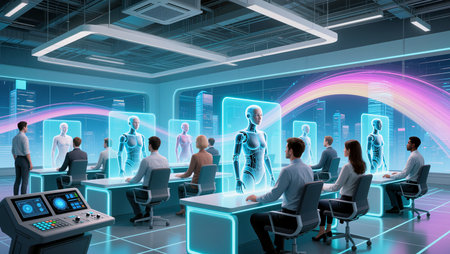 In a modern office, professionals observe advanced AI models displayed on screens.の素材