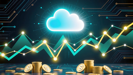 Digital currency coins shine while cloud technology and growth charts emerge.の素材