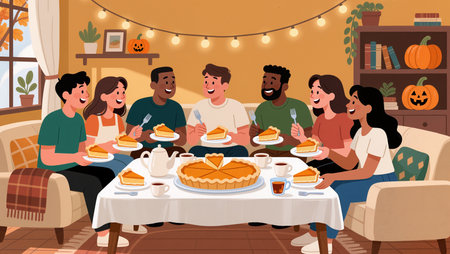 Laughter fills the room as friends share pumpkin pie at a fall celebration.の素材