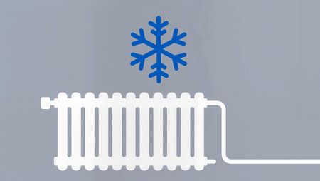 Creative design shows a radiator with a snowflake above, symbolizing temperature control.の素材