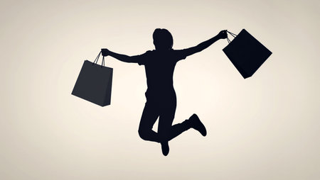 A silhouette of a person jumps high, holding shopping bags with excitement and joy.の素材