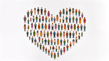 Many people stand united, forming a large heart shape filled with colors and diversity.の素材