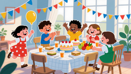 A group of happy children enjoy a festive party with cake, snacks, and laughter.の素材