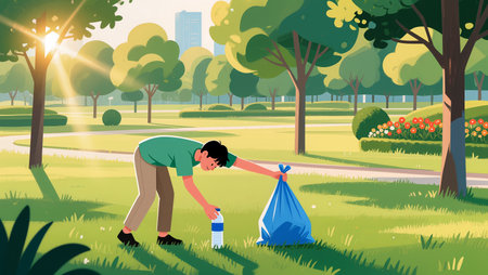 A young man picks up litter in a sunlit park while nurturing nature.の素材