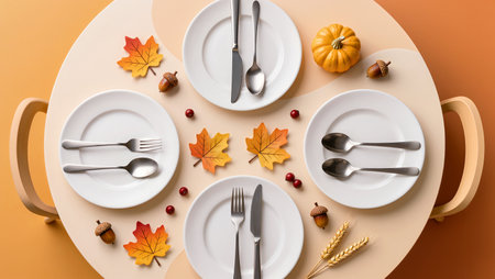 A warm autumn table display with plates, cutlery, and seasonal decorations.の素材