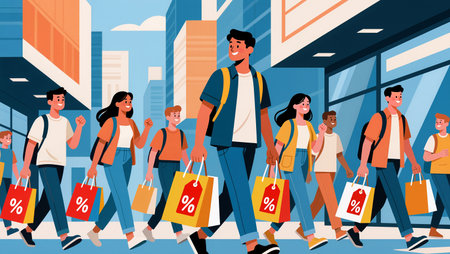 Enthusiastic shoppers walk together in a lively urban setting with colorful bags.の素材