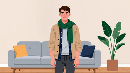 A young man wears a warm sweater and scarf in a stylish room with plants.の素材