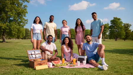 Friends are sharing laughter and delicious food during a sunny park picnic.の素材