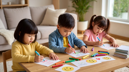 Three children are busy drawing and creating colorful artwork at a wooden table.の素材