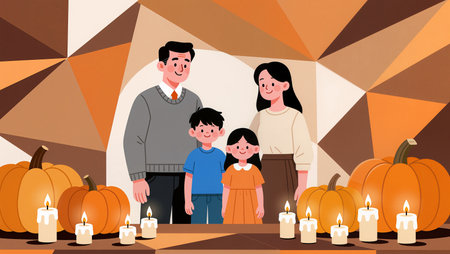 A family stands together, surrounded by pumpkins and candles, celebrating autumn.の素材