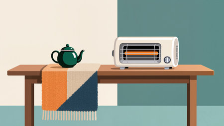 A green teapot rests near a heater on a wooden table with a colorful blanket.の素材