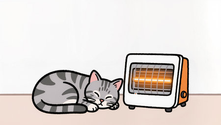 A gray striped cat lies peacefully beside a heater, soaking up warmth indoors.の素材