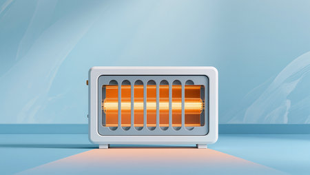 A sleek heating appliance emits a warm glow against a soft blue background.の素材