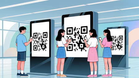 Four youths engage with interactive screens displaying QR codes in a bright space.の素材