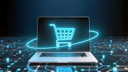 A glowing shopping cart on a laptop symbolizes innovation against a tech backdrop.の素材