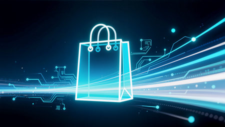 A glowing shopping bag appears against a backdrop of digital lines and patterns.の素材