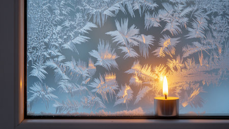 Warm candlelight glows softly through a frosty window during winter's chill.の素材