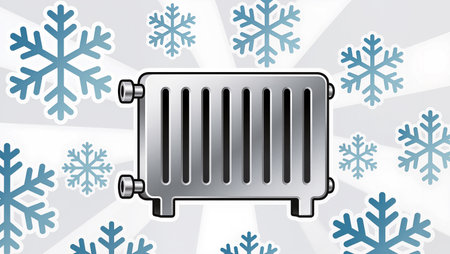 A shiny radiator stands out, providing warmth amid falling snowflakes.の素材