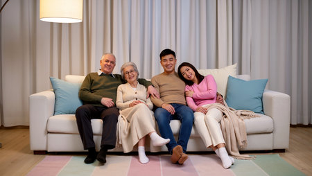 Four family members sit close on a cozy sofa, sharing smiles at home.の素材
