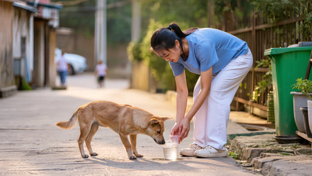 A woman bends down to offer water to a thirsty dog in a quiet village street.の素材