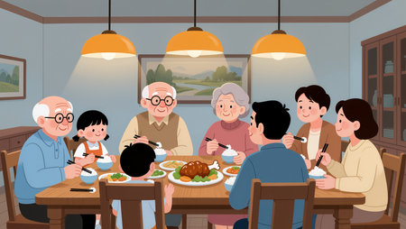 A joyful family shares a delicious meal together in a lovely dining space.の素材