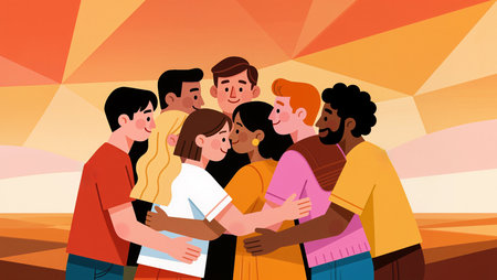A diverse group of friends share a warm hug, surrounded by colorful sunset hues.の素材