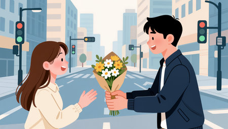 A cheerful young man presents flowers to a surprised woman on a busy street.の素材