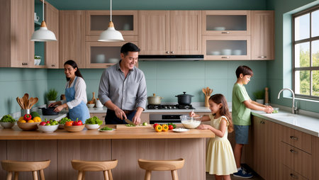 Joyful moment in a vibrant kitchen where a family prepares a meal together, smiling.の素材