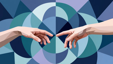 Two hands reach toward each other, set against bold geometric shapes and colors.の素材