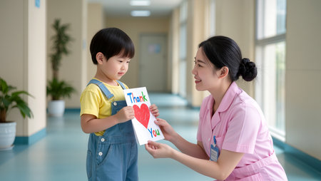 A child expresses appreciation to a nurse with a colorful handmade card in the hallway.の素材