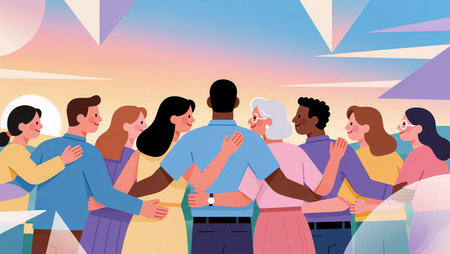 A group of diverse friends joyfully embraces each other while enjoying a vibrant sunset.の素材