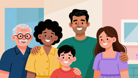 Family members share laughter and love in a cozy, bright living space.の素材