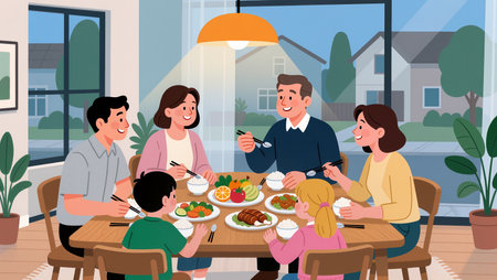 A cheerful family shares a meal, enjoying laughter and good food together.の素材
