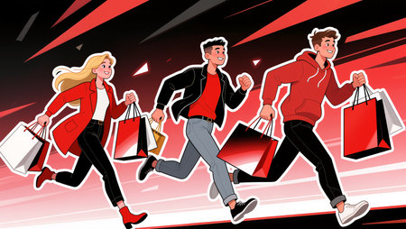 Three friends sprint excitedly with shopping bags during a fun day out.の素材