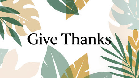 Colorful leaves surround the phrase giving thanks, creating a peaceful atmosphere.の素材