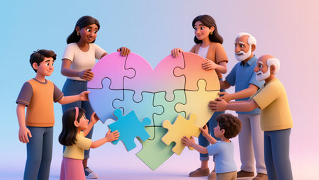 A group of diverse people joyfully connects puzzle pieces to form a vibrant heart.の素材